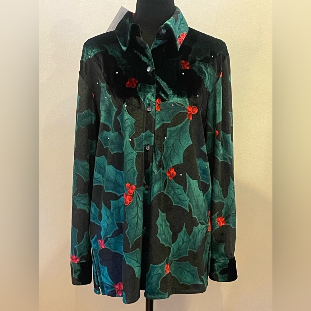 New Quaker Factory S Velvet HollyBerry/Jewel Button Down with Holly ButtonCovers